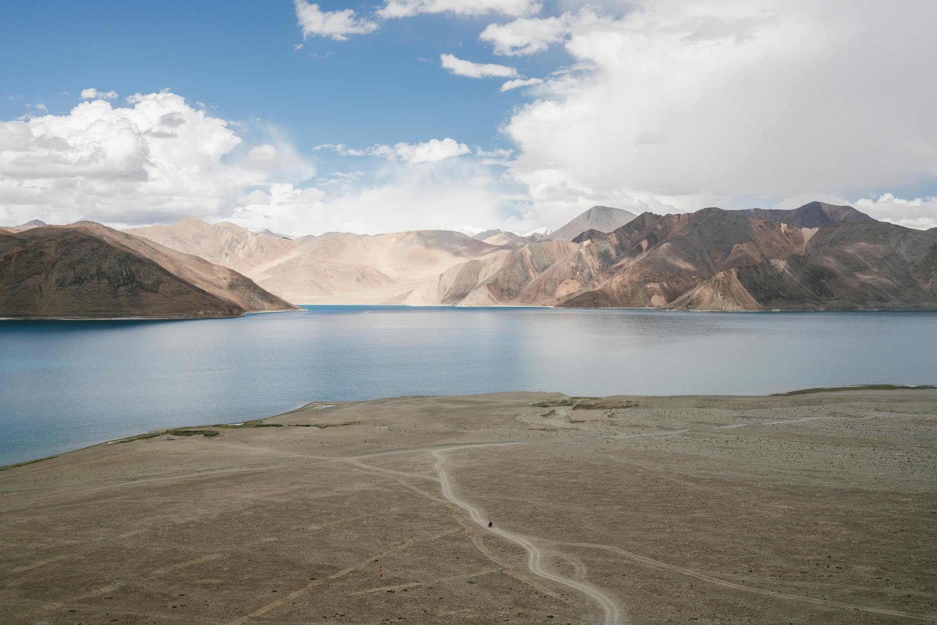 Aerial view of a tranquil lake surrounded by rocky mountains under a clear sky, showcasing vast natural serenity.