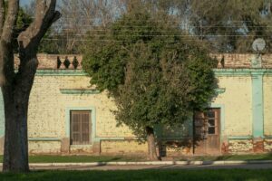 A rustic rural house with exposed brick and trees in Punta del Agua, Córdoba, Argentina.
